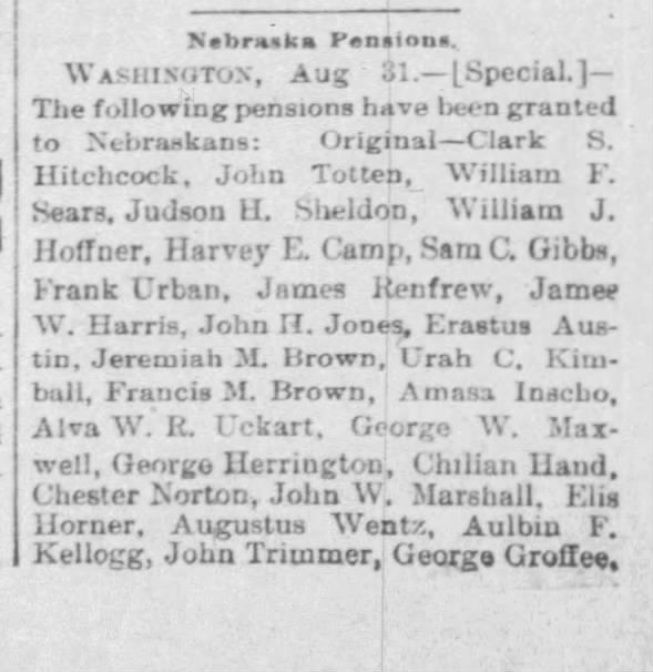 Nebraska Pensions announcement in Nebraska State Journal 1 Sep 1891